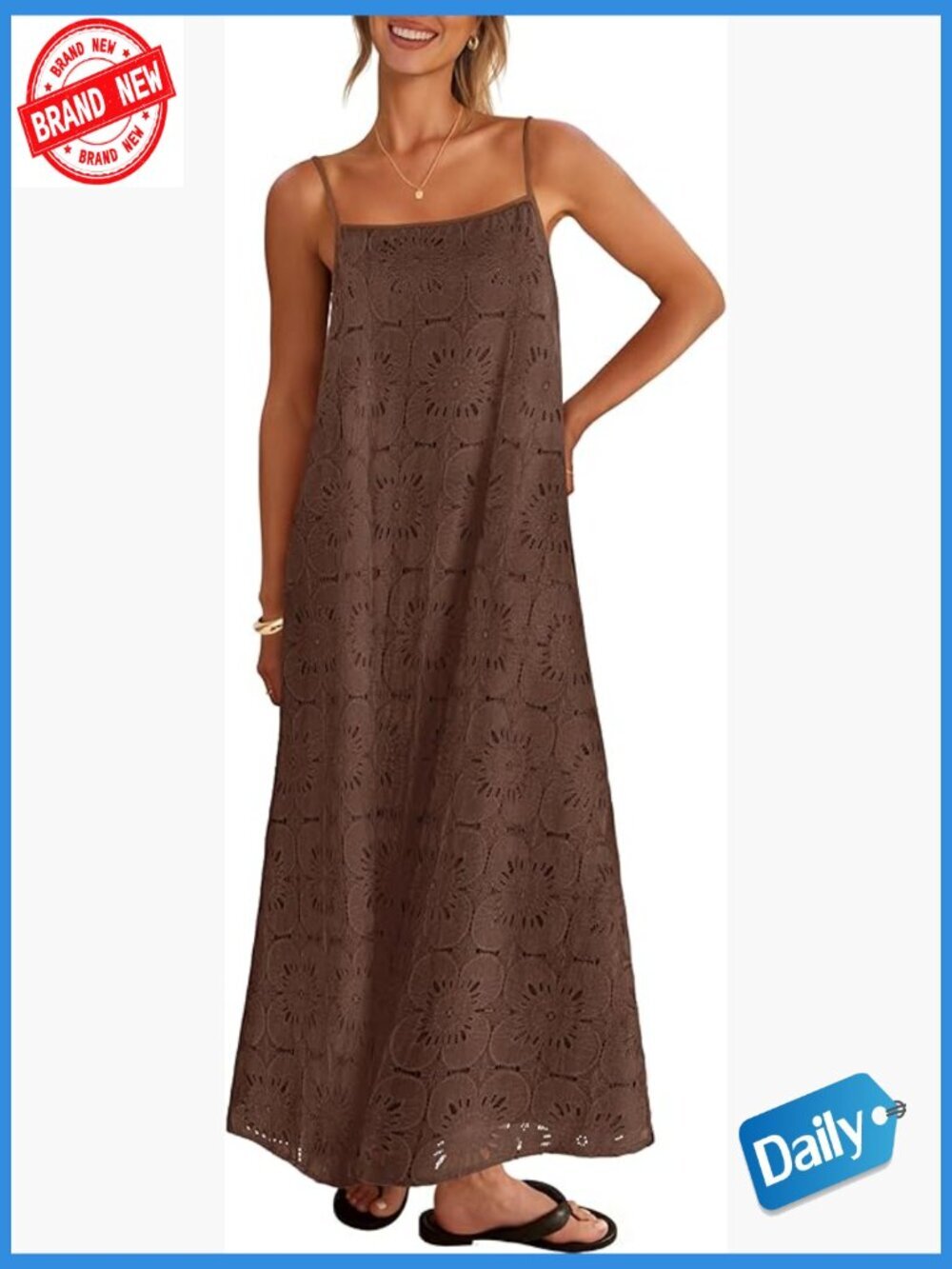 Sleeveless Lace Eyelet Boho Beach Maxi Dress with Pockets
